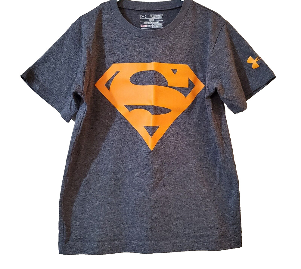 Under Armour Boys Loose Heat Gear Tee Size YXS Gray Orange Superman Logo Shirt